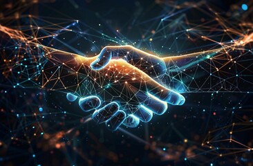 Two Hands Shaking Amidst a High-Tech Digital Background