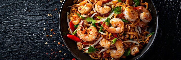 Malaysian Char Kway Teow with Halal Seafood, fresh foods in minimal style
