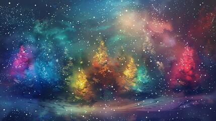 The image shows a digital illustration of a vibrant and fantastical landscape. It features a night sky with colorful snowflakes falling, creating a dreamlike atmosphere. 