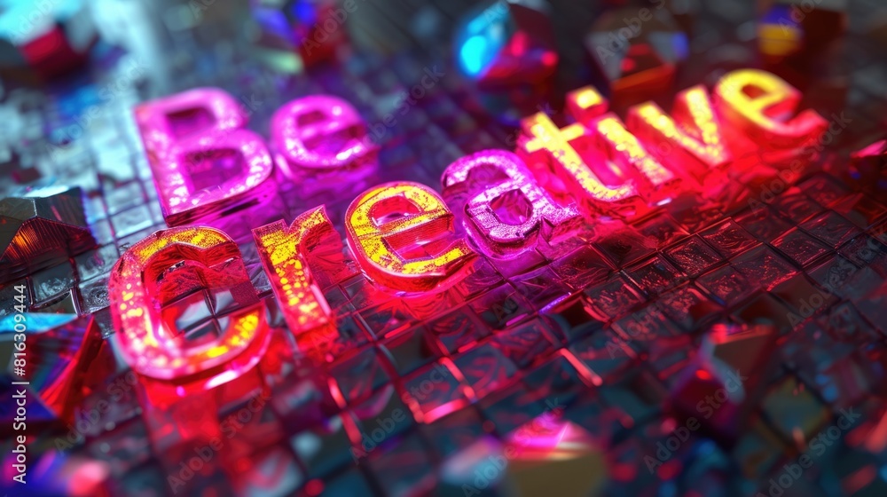 Poster the letter of be creative in variant texture with bright light neon color at shimmer colorful crysta