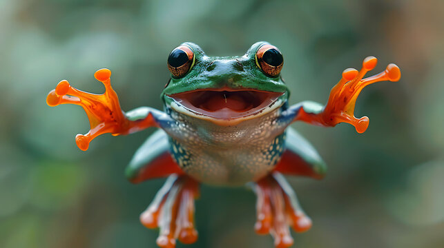 cute little green frog jumping in the air