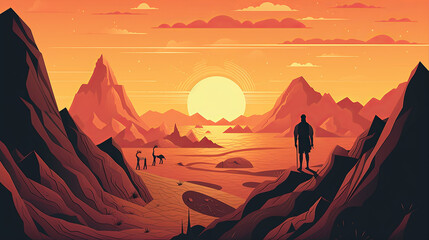 Naklejka premium A vintage poster depicting a wanderlust traveler standing at the edge of a cliff overlooking a vast desert landscape, with a solitary camel resting nearby, the golden sun setting behind distant sand d