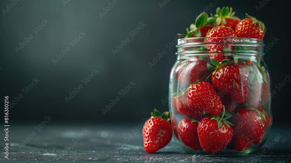 Poster close up image of fresh strawberries in a transparent jar with room for text