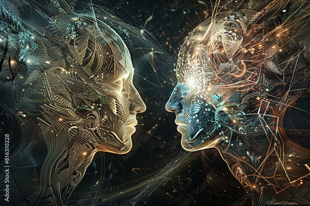 Poster synergy and connection: a digital artwork of two humanoid figures with advanced technology interface