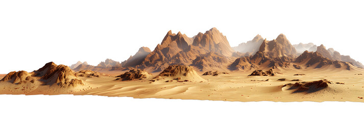 Desert with barren sands and rugged terrain, isolated on white