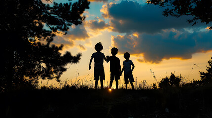 Black shadow silhouette of three kids in the forest standing together on a sunset sky and trees background Friendship and adventure memories concept photo : Generative AI