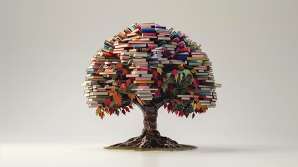 Vibrant Tree Sculpture Made from Colorful Books and Leaves, Artistic Still Life
