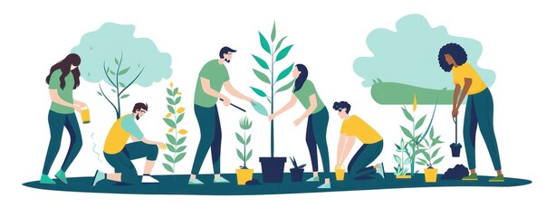 Fototapeta premium Illustration of community Effort in Nature Conservation: Volunteers Planting Trees to Foster a Greener Future