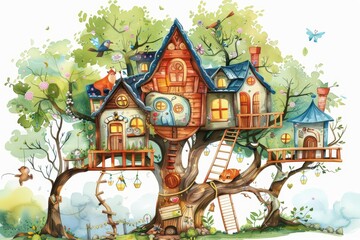 A kawaii watercolor of a whimsical treehouse village occupied by forest animals, Clipart isolated on white