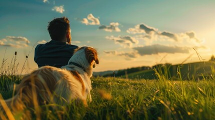 A man and his dog relaxing on a grassy field