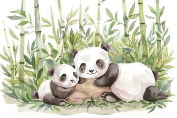 Naklejka premium A kawaii watercolor of a panda family enjoying a lazy day in a bamboo grove, Clipart isolated on white