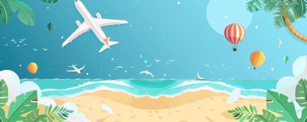 Obraz premium Escape to Paradise: Vibrant Illustration of Airplane Flying Over Tropical Island at Sunset