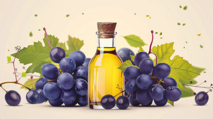 A collection of dark grapes and a small glass bottle of golden oil, adorned with green leaves on a soft neutral backdrop.