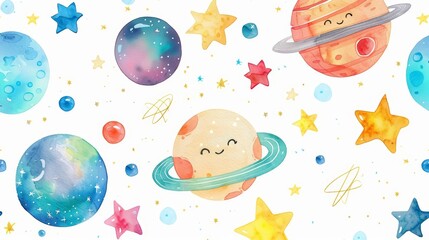 A kawaii watercolor of cartoon planets and stars having a space race, Clipart isolated on white