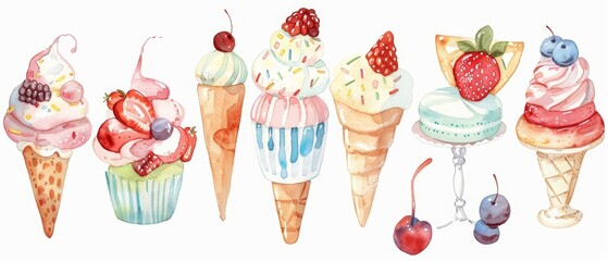 A kawaii watercolor of different types of desserts having a parade in a sweet kingdom, Clipart isolated on white