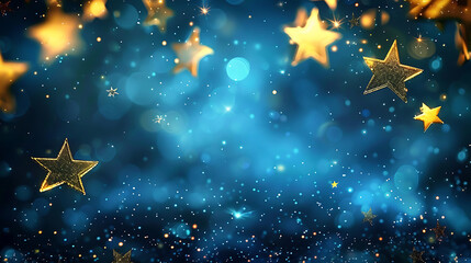 Golden stars hanging against a sparkling blue background, festive and celebration themes