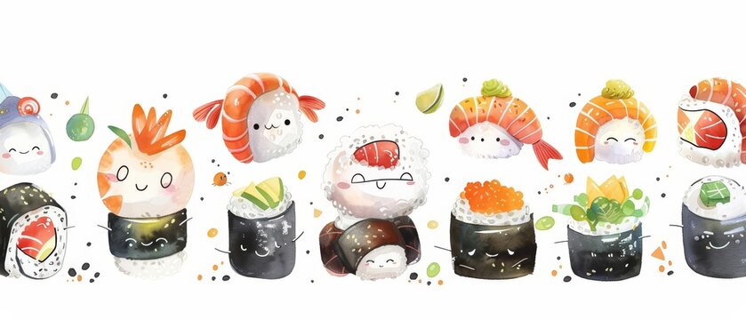 A Kawaii Watercolor Of Various Sushi Characters Having A Sumo Wrestling Tournament, Clipart Isolated On White