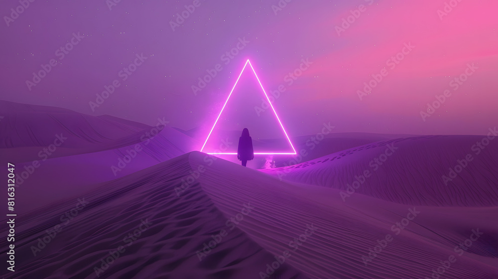 Poster modern futuristic neon abstract background large triangle glowing purple object in the center of san