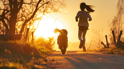 teen girl running with dog in the park happy family freedom a kid dream concept silhouette of a teenage girl running along the road in the park at sunset view from the back sun with a  : Generative AI