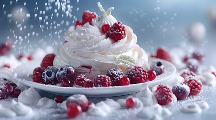 Mixed berry pavlova with whipped cream, fresh foods in minimal style