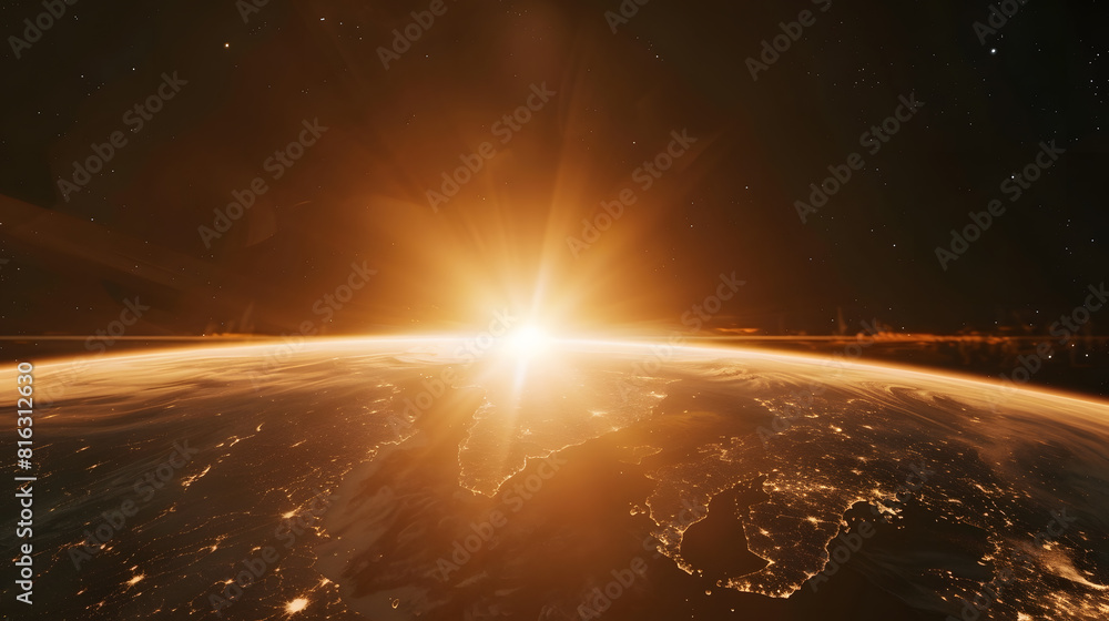 Poster planet earth dawn sunset from space silhouette planet earth in rays of sun against background of spa
