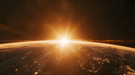 Planet Earth dawn sunset from space Silhouette planet earth in rays of sun against background of space stars and galaxies 3D render : Generative AI