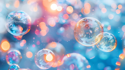Floating bubbles and bokeh lights in a dreamy atmosphere, ideal for whimsical and joyful themes