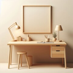 Minimalist desk made of natural wood with a smooth finish. Include minimal accessories like a simple desk lamp, a small plant, and a few neatly arranged office supplies.