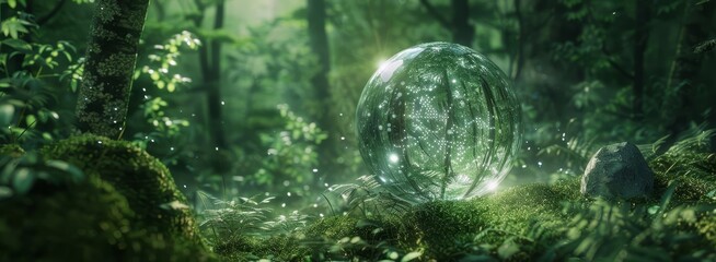 Fototapeta premium Amid a dense forest, a crystal globe emits a soft glow, revealing the intricate network of natures energy flows, visualizing environmental connectivity on a banner with copy space