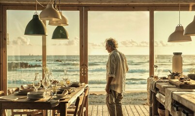Solitary senior man at beachside dining area