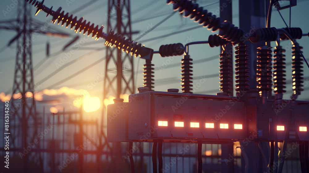 Aufkleber electrical substation and power lines at sunset : generative ai