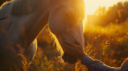 Silhousette of man while stroking of therapy horse on meadow at sunset Themes hippotherapy care and friendship between people and animals : Generative AI