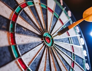 Close-up of a dart hitting the bullseye on a dartboard, showcasing accuracy and precision.