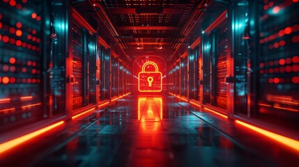 3D rendering of Futuristic Key symbol with glowing padlock icon on background of binary code in data center room.