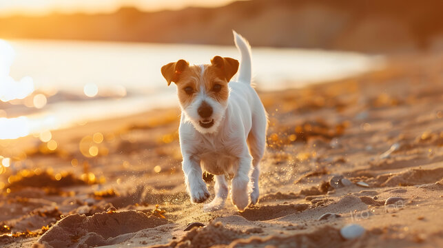 Orange sunset White dog breed Parson Russell Terrier runs along the beach near the water : Generative AI