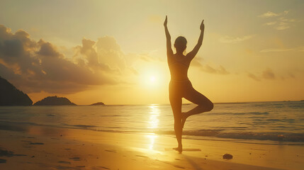 Silhouette of Asian woman improves balance for body mind and spirit with yoga practice at sunset on the beach Slow movements and deep breathing improves strength and flexibility mental : Generative AI