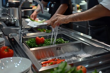 Restaurant kitchen water - Hands washing fresh vegetables in a kitchen sink
