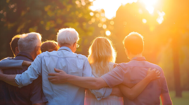 Back view of happy multigenerational people having fun in a public park during sunset time  Community and support concept : Generative AI