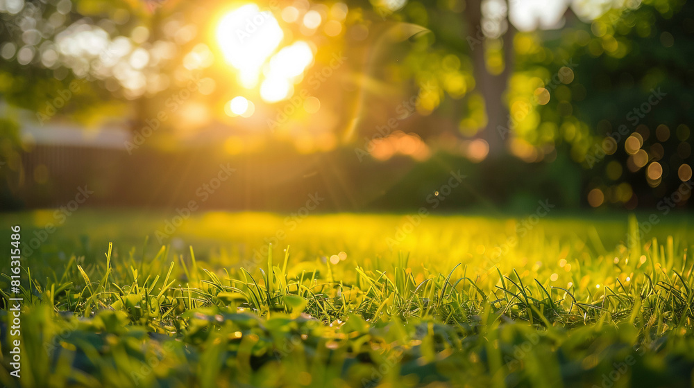 Sticker sunlit backyard oasis, lush greenery with warm sunshine and bokeh