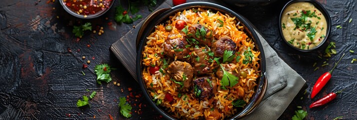 Pakistani Biryani with Halal Meat, fresh foods in minimal style