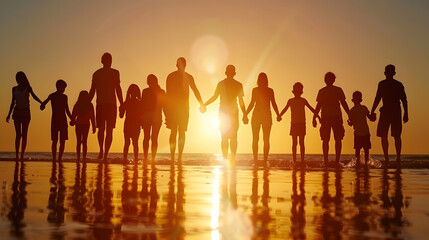Silhouette beach and big family holding hands in sunset on a holiday or vacation at sea or ocean together Travel love or shadow of people at sunrise in support freedom and bonding by w : Generative AI