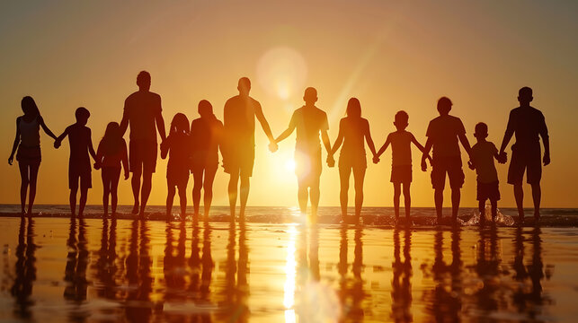Silhouette beach and big family holding hands in sunset on a holiday or vacation at sea or ocean together Travel love or shadow of people at sunrise in support freedom and bonding by w : Generative AI