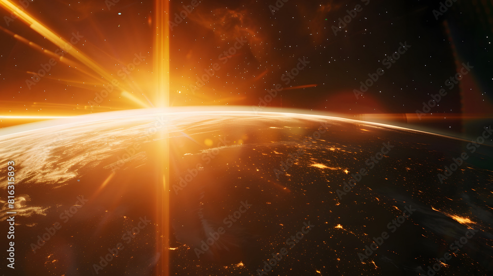 Poster planet earth dawn sunset from space silhouette planet earth in rays of sun against background of spa