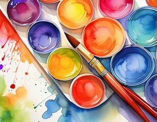 Colorful watercolor background with paintbrush and colorpots on white paper, copy space for text. Artistic creative design template. Watercolour painting. Color splashes, brush strokes. Flat lay