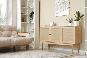 Wooden chest of drawers, shelving unit and comfortable sofa in interior of modern living room