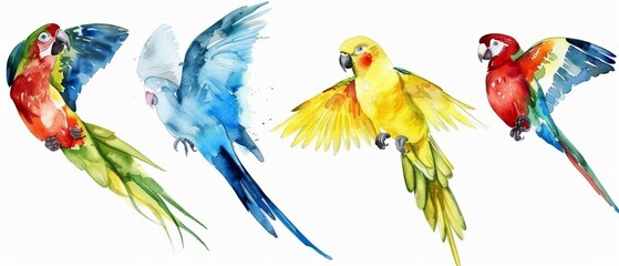 Set of watercolors depicting exotic birds from the Amazon rainforest in vibrant colors, Clipart isolated on white
