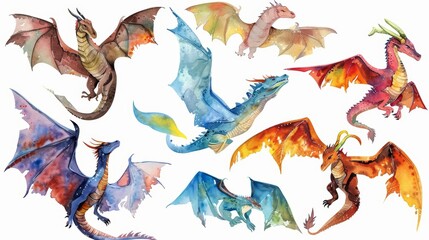 Obraz premium Set of watercolors illustrating various mythical dragons from around the world in flight, Clipart isolated on white
