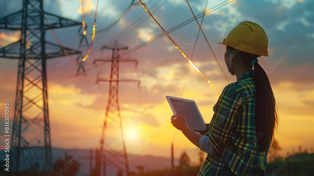 Poster electrician in outdoors electric lines of high voltage at sunset woman engineer power engineer in he