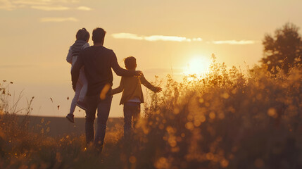 Happy family father mother son and daughter in nature sunset : Generative AI