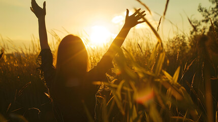 Surrender and praising concept Silhouette of healthy Christian woman raised hands at meadow sunset background : Generative AI